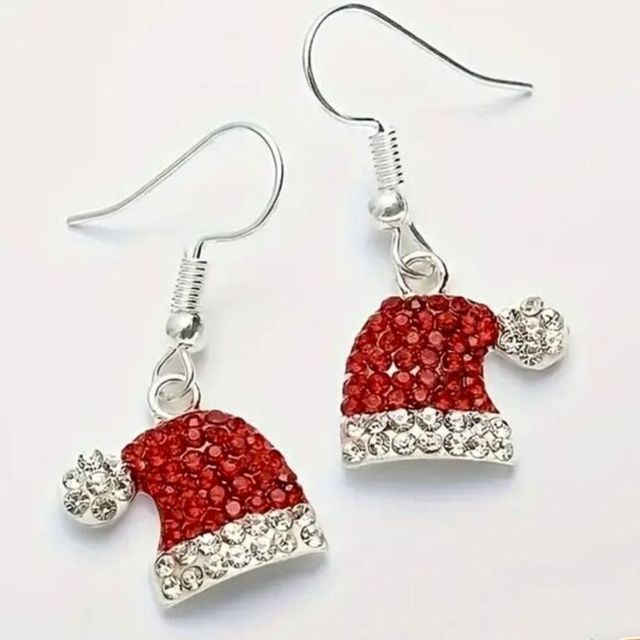 1 1/4" Festive Sparkly Shiny Red and Clear CZ Santa Hat Christmas Earrings New - Picture 2 of 3